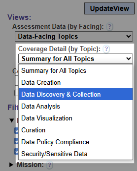 Screen-shot excerpt showing a dropdown choice of the Topics within the Data Facing.